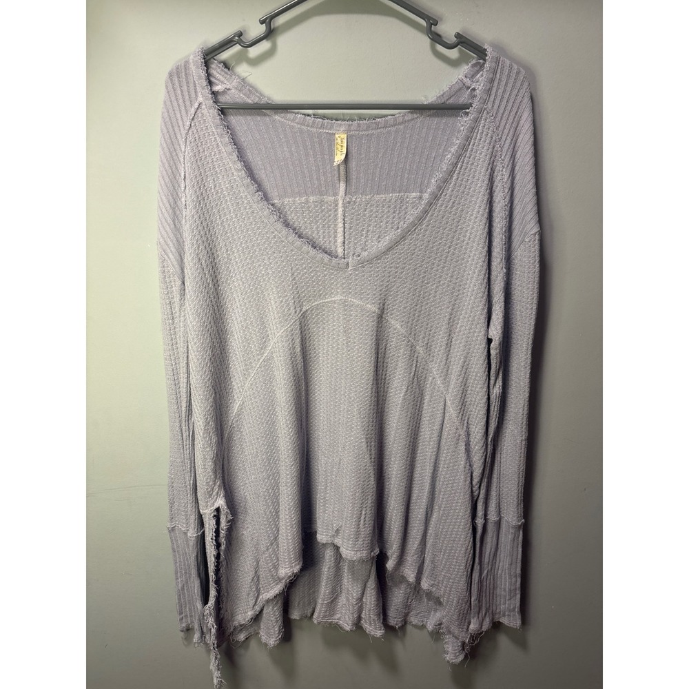 Free People Boho Lavender Waffle Knit Thermal VNeck Top Raw Edge Small Oversized